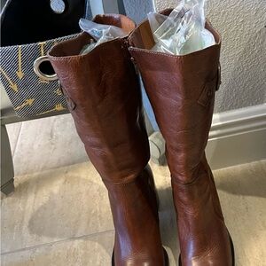 Cognac Brown Leather Boots; 15-inch Knee-High w/full length zipper; 3-inch heel